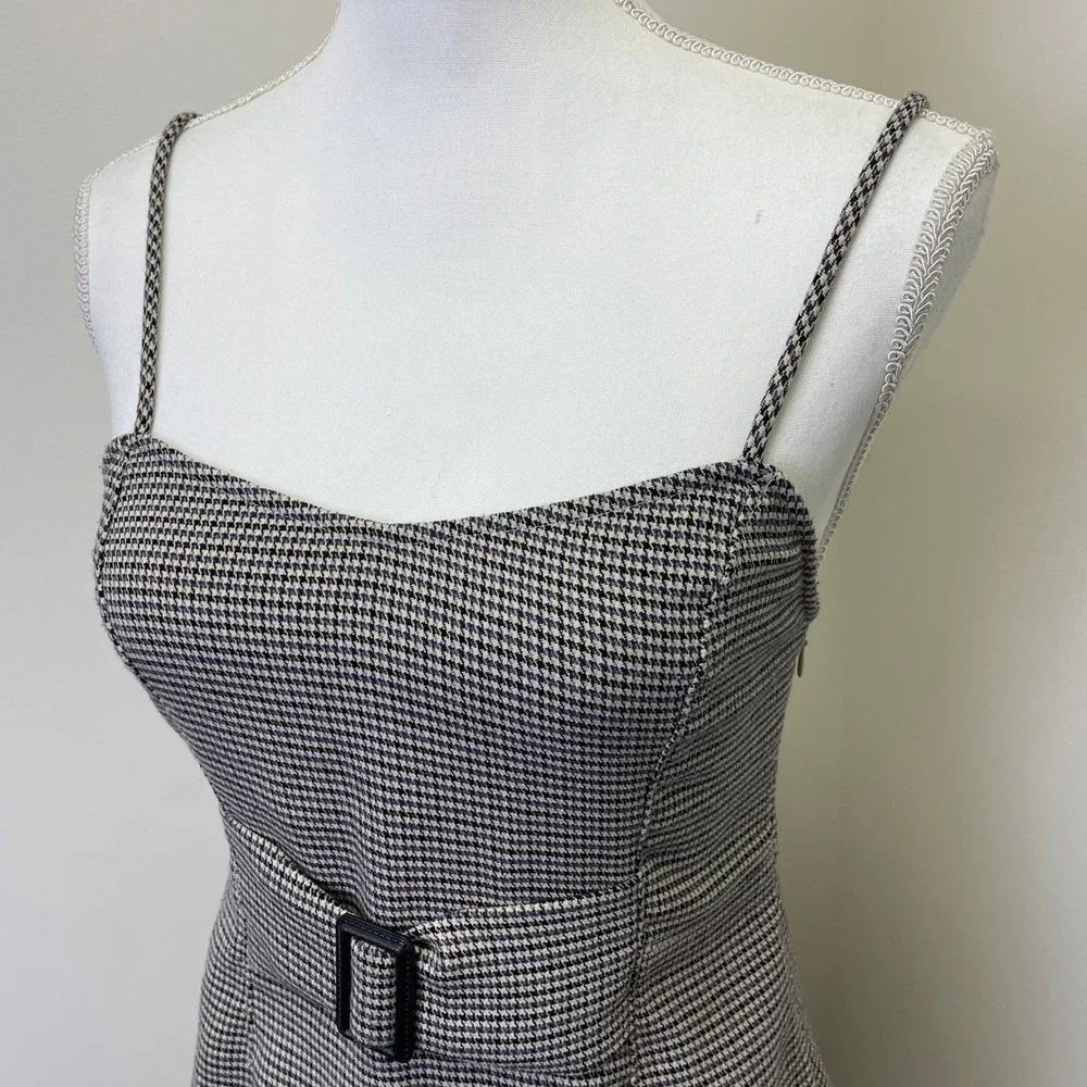 Free People Houndstooth Mini Dress Buckle Waist Spaghetti Strap Size 4